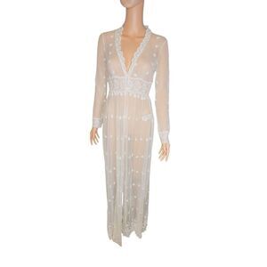 Romantic White Eyelash Lace Long Maxi Sheer Kimono Cardigan resort wear Sz Small